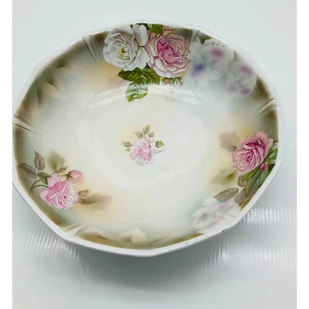 Antique Porcelain Serving Bowl Pink White Roses Scalloped Hand Painted